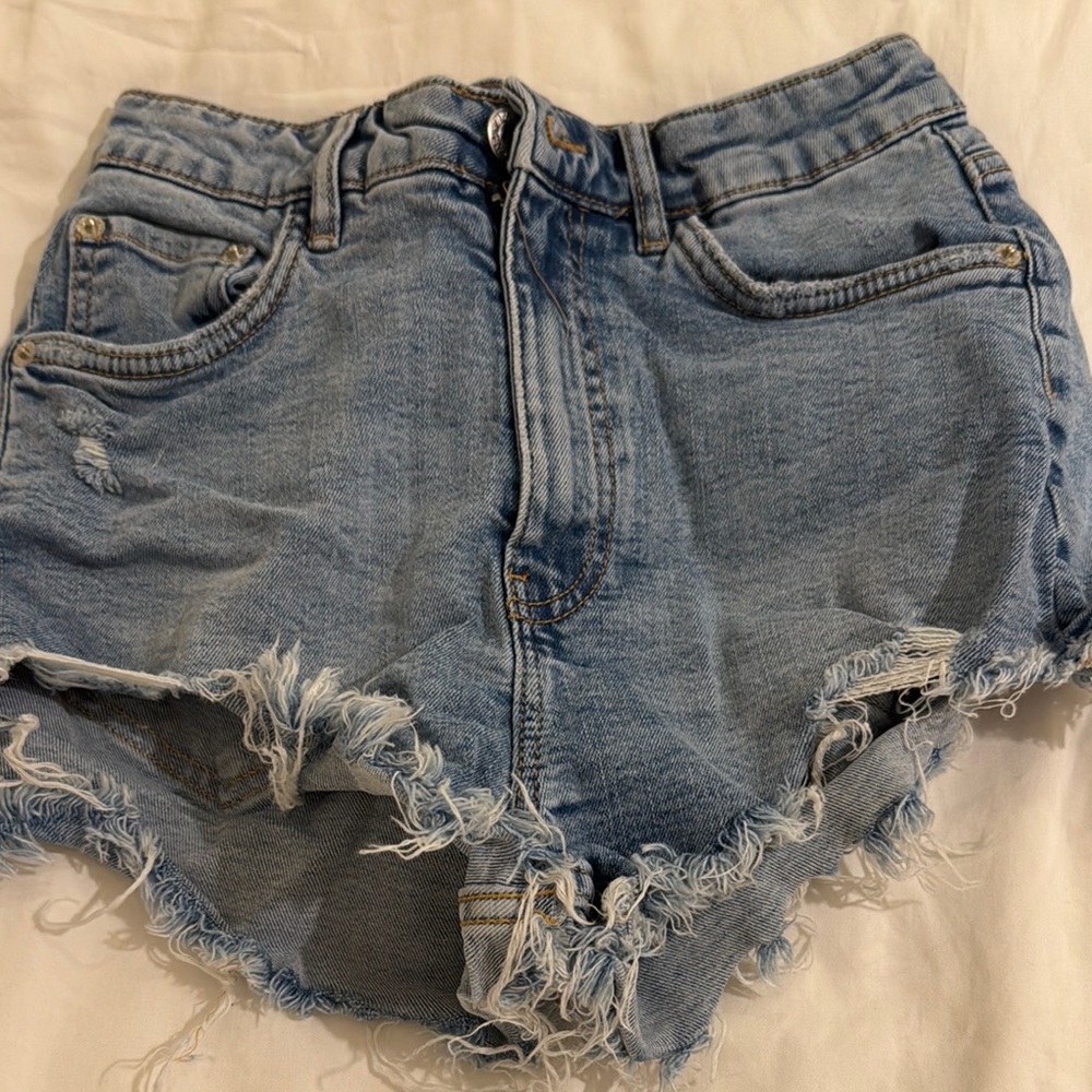 Zara Blue Jean Shorts with Frayed Hem and Distressed Look